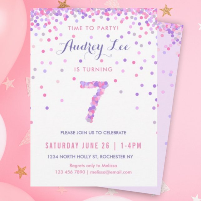 Invitation Filles 7e anniversaire Septième anniversaire Confe (Pink and purple confetti for your 7 year old's brithday party!)