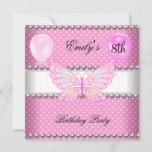 Invitation Filles 8 Anniversaire Papillon Pink Pearls Ballons