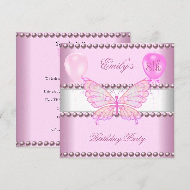 Invitation Filles 8 Anniversaire Papillon Pink Pearls Ballons (Devant / Derrière)