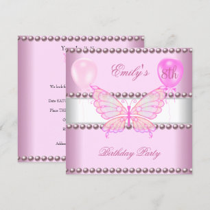 Invitation Filles 8ème Anniversaire Papillon Rose Perles Ball