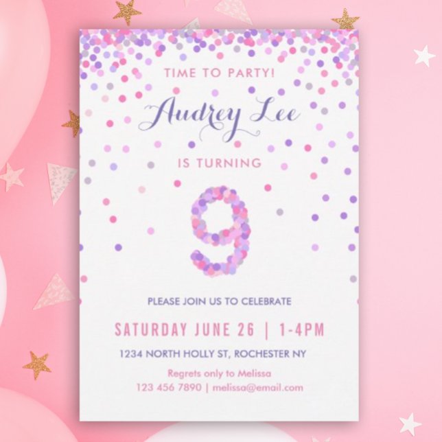 Invitation Filles 9e anniversaire Neuvième anniversaire Confe (Pink and purple confetti for your 9 year old's birthday party!)