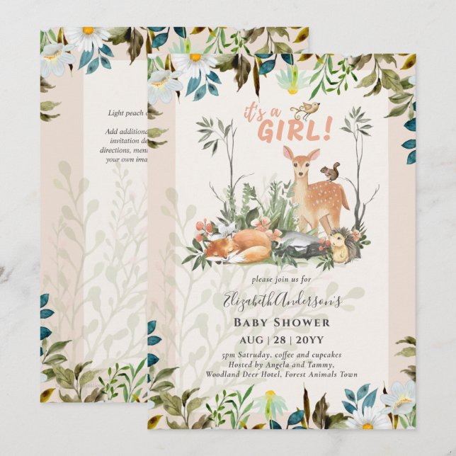 Invitation FILLES adorables Baby shower de cerfs de bois Cora (Devant / Derrière)