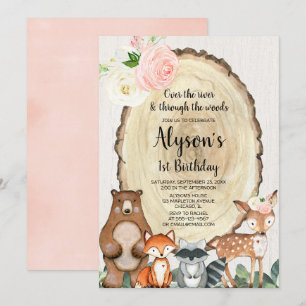 Invitation Filles animaux de bois première fête de 1er annive