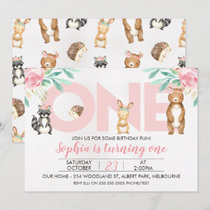 Invitation Filles Animaux de forêt 1er anniversaire Invitatio