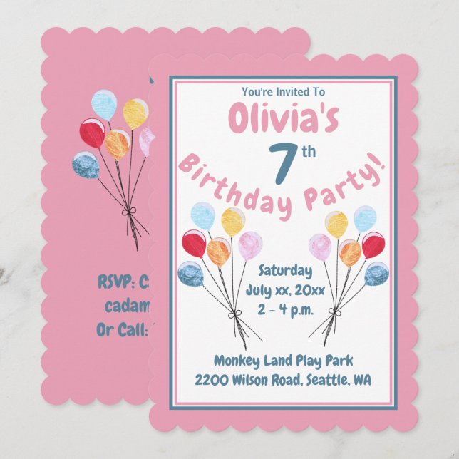 Invitation Filles Anniversaire Fête Ballons roses (Devant / Derrière)