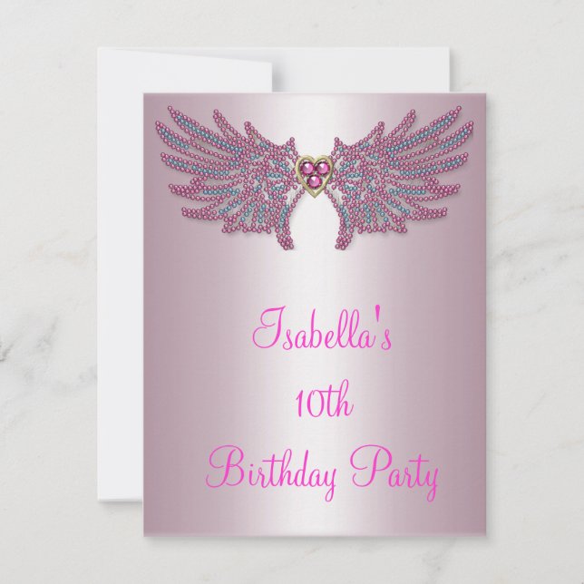 Invitation Filles Anniversaire Rose & Bijoux Bleu Ange Ailes (Devant)