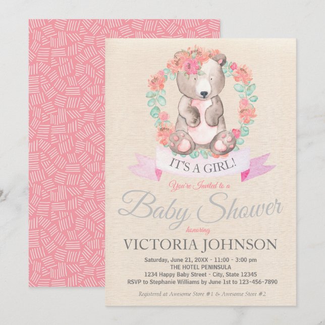 Invitation Filles Aquarelle Floral Baby shower de l'ours bébé (Devant / Derrière)