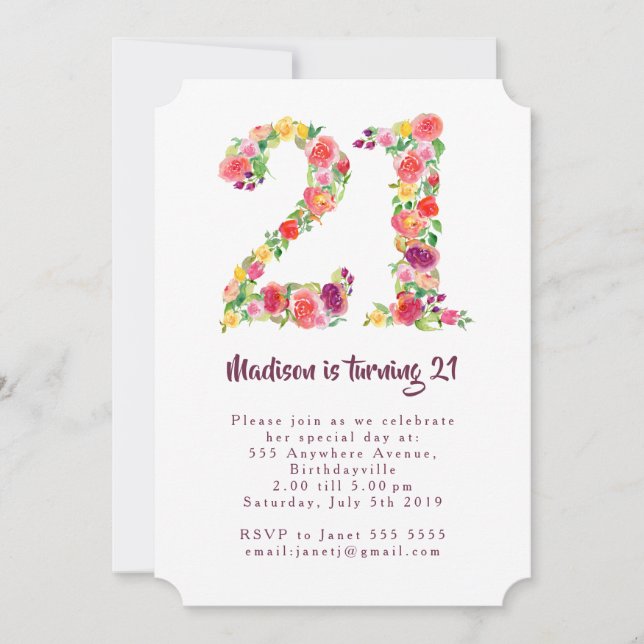 Invitation Filles Aquarelle Florale 21ème Anniversaire Fête e (Devant)