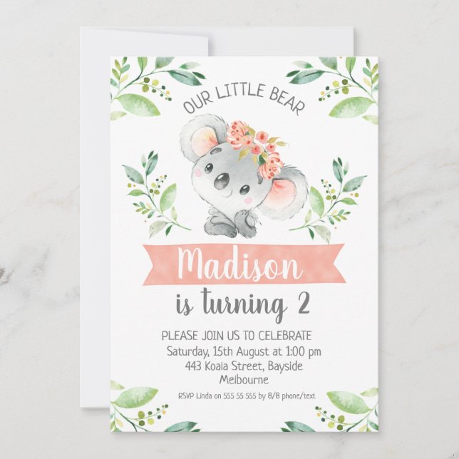 Invitation Filles Aquarelle Koala Ours Anniversaire Invitatio (Devant)