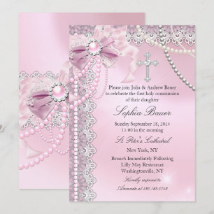 Invitation Filles Arc Rose Perle Sainte Communion