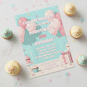 Invitation Filles aux ballons rose pastel et menthe pour un d