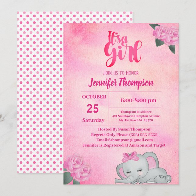 Invitation Filles Baby shower d'éléphant rose (Devant / Derrière)