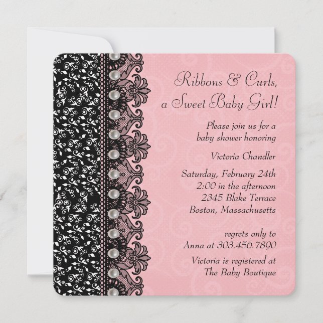 Invitation Filles Baby shower dentelle rose et noire (Devant)
