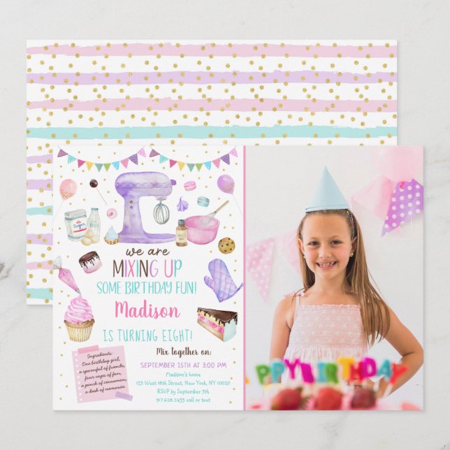Invitation Filles Baking Party Pink Gold Cake Cupcake Anniver (Devant / Derrière)