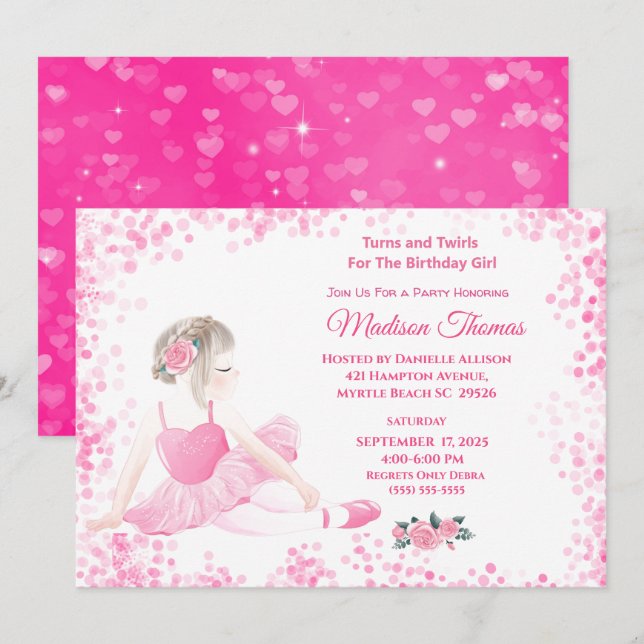 Invitation Filles Ballerina rose Coeurs étincelants Fête d'an (Devant / Derrière)