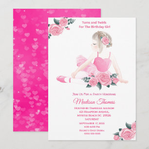 Invitation Filles Ballerina rose Coeurs étincelants Fête d'an