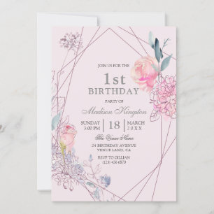 Invitation Filles Bébé rose mignon Floral Géométrique 1er ann