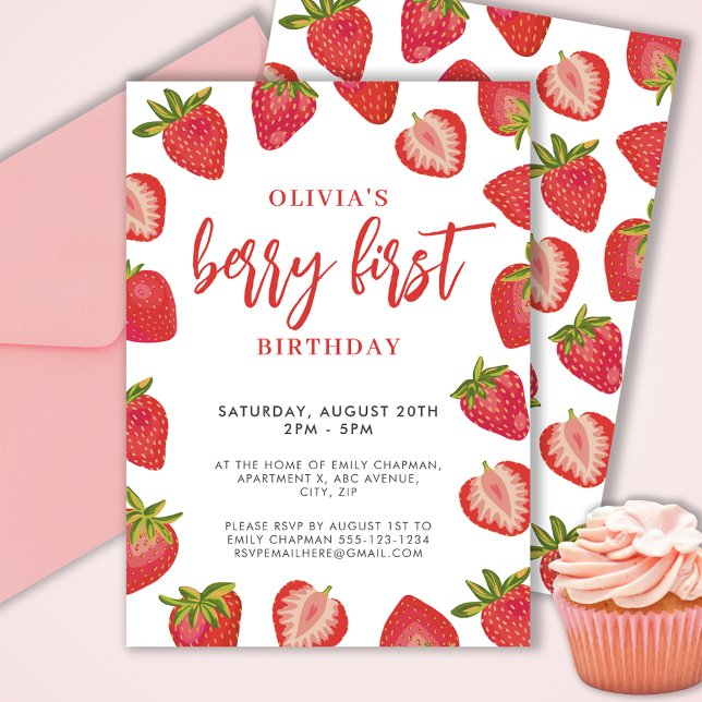 Invitation Filles Berry Première fête d'anniversaire de frais (Cute girls Berry First strawberry birthday party invitation.  Customize with your own event details.)