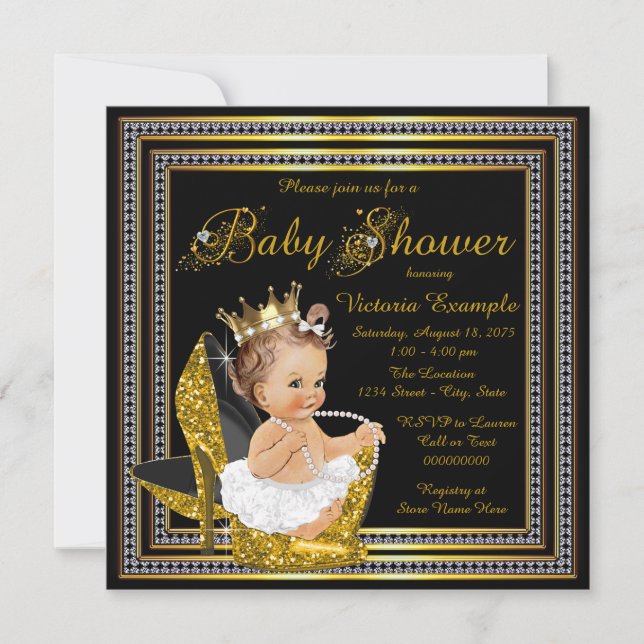 Invitation Filles Black Gold Baby shower haut talon (Devant)