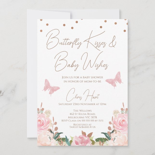 Invitation Filles Blush Baby shower papillon floral (Devant)