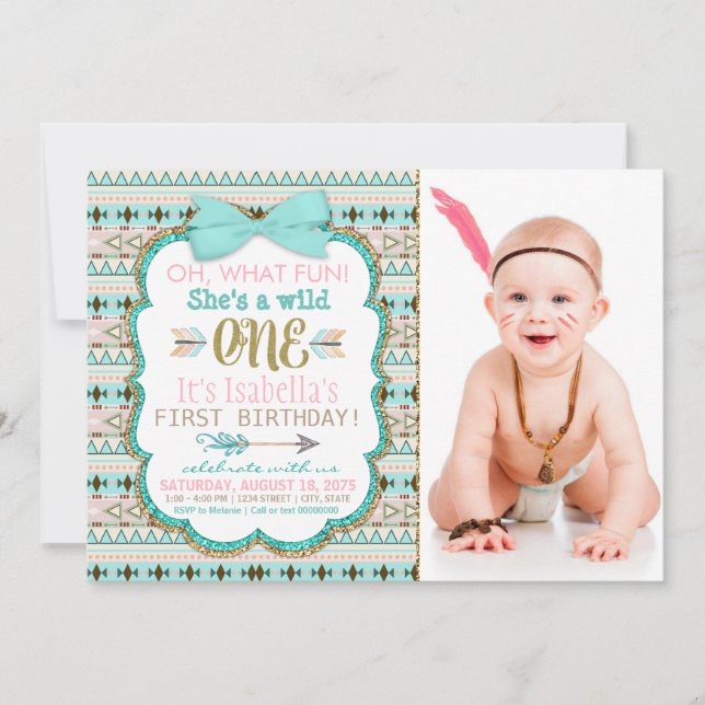 Invitation Filles Boho Tribal Wild Un 1er anniversaire fête (Devant)