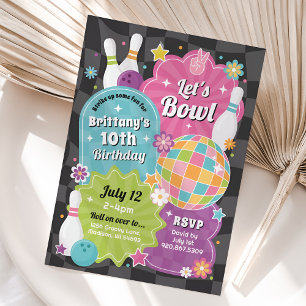 Invitation Filles Bowling Anniversaire Fête rose Retro Invita