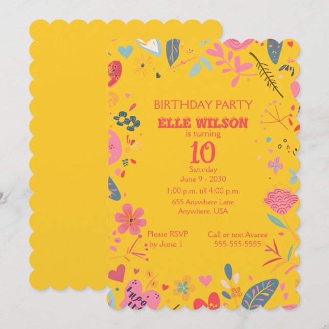 Invitation Filles Cadre floral 10e anniversaire de fête Invit (Devant / Derrière)