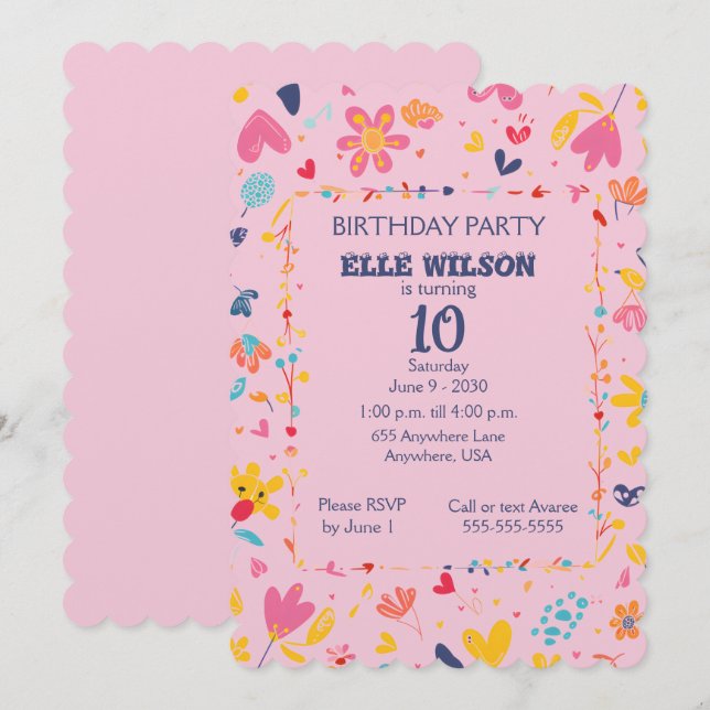 Invitation Filles Cadre floral 10e anniversaire de fête Invit (Devant / Derrière)