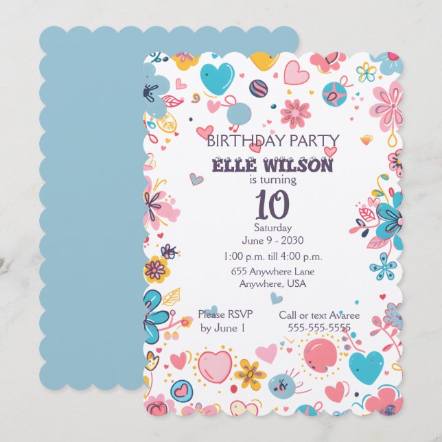 Invitation Filles Cadre floral 10e anniversaire de fête Invit (Devant / Derrière)