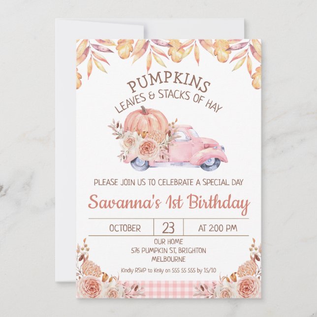 Invitation Filles Camion Citrouille Autumn Foliage Floral Ann (Devant)