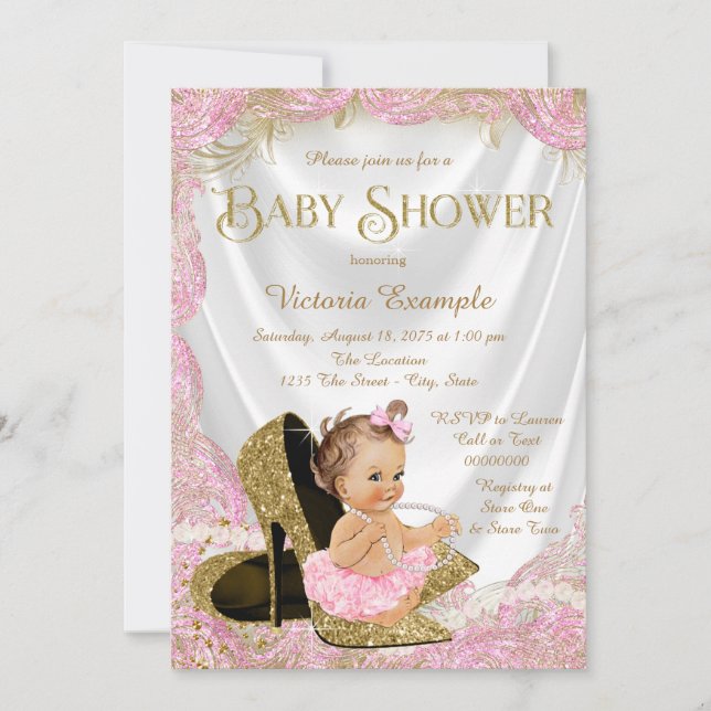 Invitation Filles Chaussures haut talon Baby shower perles (Devant)