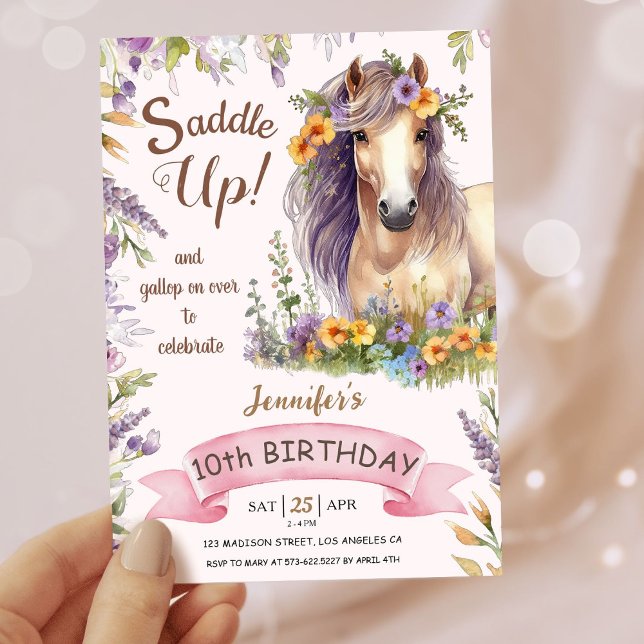 Invitation Filles Cheval 10e anniversaire Purple Floral Saddl (Créateur téléchargé)