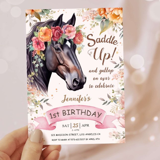 Invitation Filles Cheval 1er Anniversaire Femme rose Saddup (Créateur téléchargé)