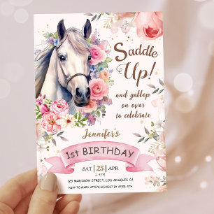 Invitation Filles Cheval 1er Anniversaire Fleurs Fleurs En Fl
