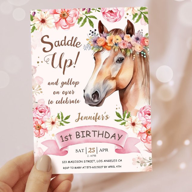 Invitation Filles Cheval 1er Anniversaire Floral Saddup! (Créateur téléchargé)