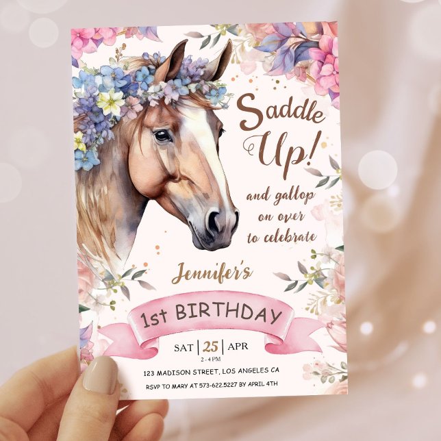 Invitation Filles Cheval 1er Anniversaire Floral Saddup! (Créateur téléchargé)