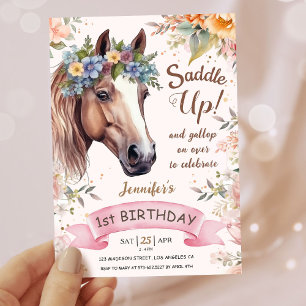 Invitation Filles Cheval 1er anniversaire Pink Floral Saddup