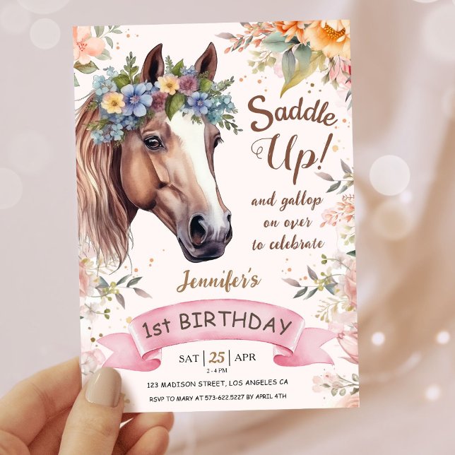Invitation Filles Cheval 1er anniversaire Pink Floral Saddup (Créateur téléchargé)