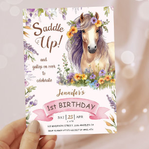 Invitation Filles Cheval 1er Anniversaire Purple Floral Saddu