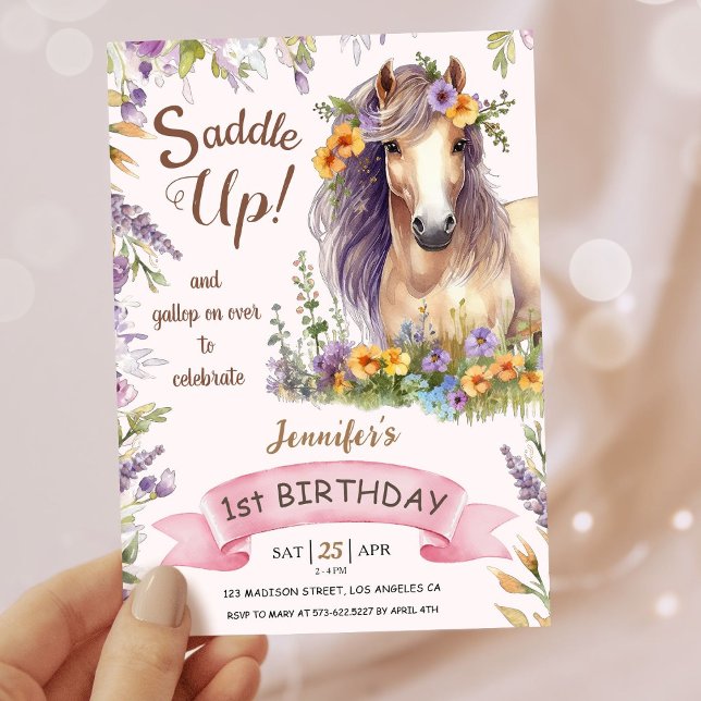 Invitation Filles Cheval 1er Anniversaire Purple Floral Saddu (Créateur téléchargé)