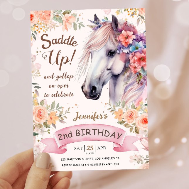 Invitation Filles Cheval 2e Anniversaire Fleurs roses Saddup! (Créateur téléchargé)
