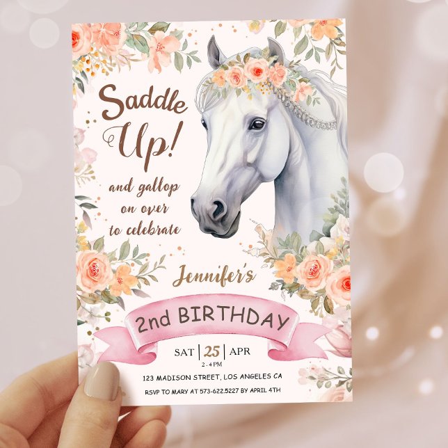 Invitation Filles Cheval 2e anniversaire Pink Floral Saddup (Créateur téléchargé)