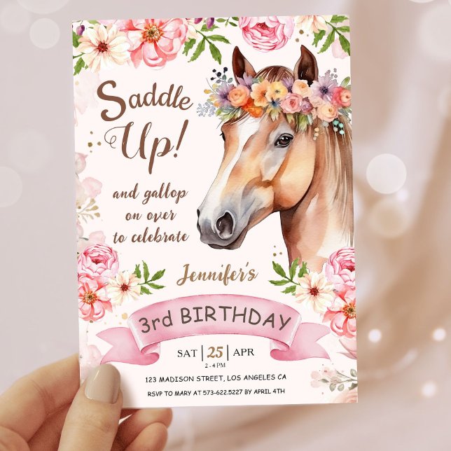 Invitation Filles Cheval 3e anniversaire Floral Saddle Up! (Créateur téléchargé)