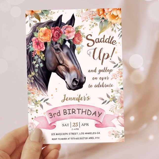 Invitation Filles Cheval 3ème Anniversaire Selle Rose Cowgirl (Créateur téléchargé)