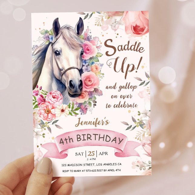 Invitation Filles Cheval 4e anniversaire Fleurs en fleurs Sad (Créateur téléchargé)