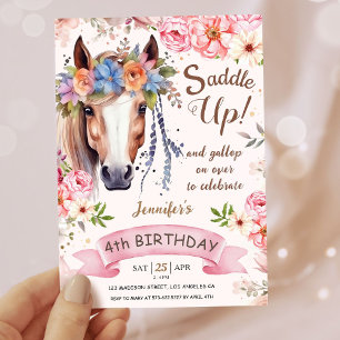 Invitation Filles Cheval 4e anniversaire Pink Floral Cowgirl