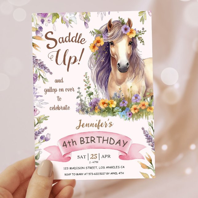 Invitation Filles Cheval 4e anniversaire Purple Floral Saddup (Créateur téléchargé)