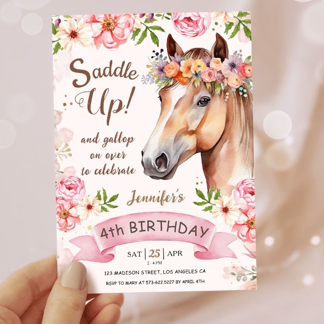 Invitation Filles Cheval 4e anniversaire Saddle Floral Up! (Créateur téléchargé)