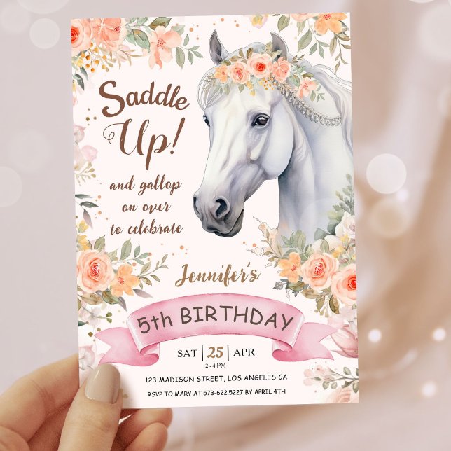 Invitation Filles Cheval 5e anniversaire Pink Floral Saddup (Créateur téléchargé)