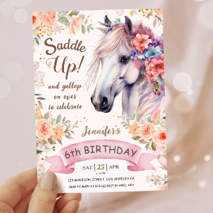 Invitation Filles Cheval 6 Anniversaire Fleurs roses Saddup!